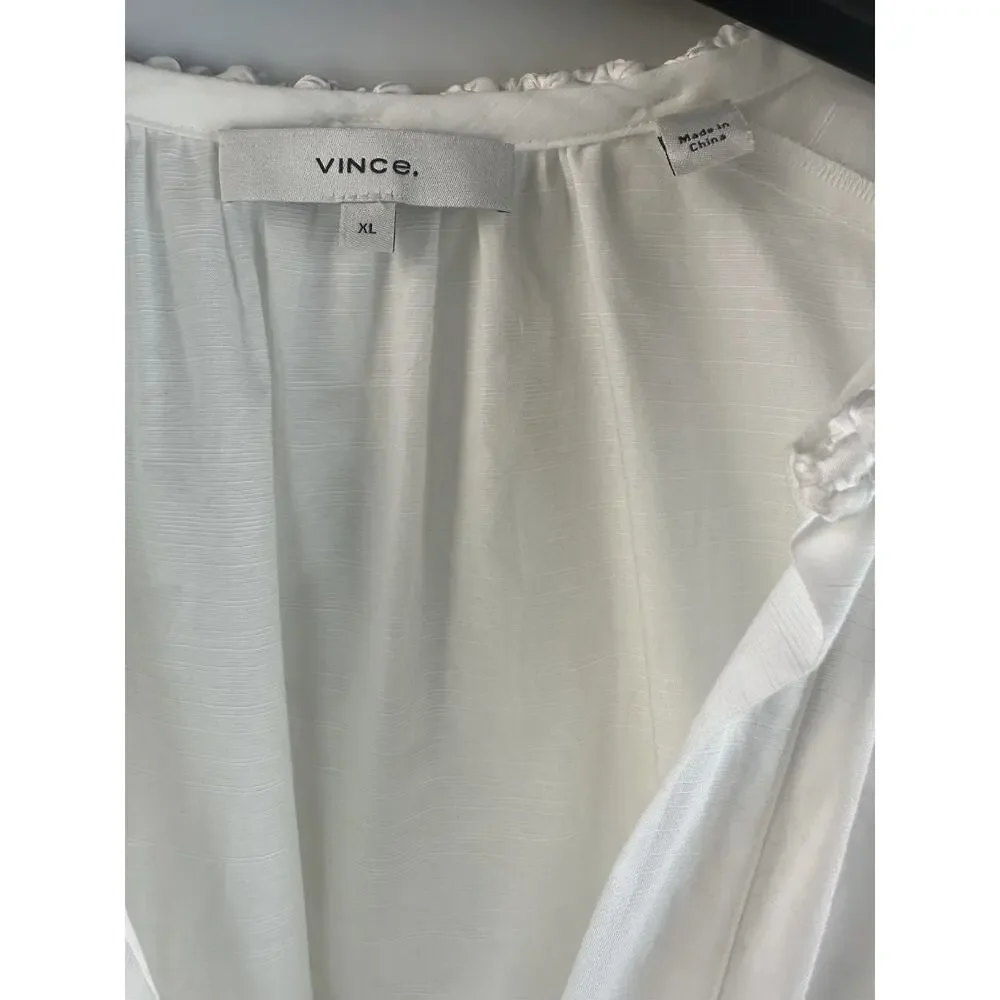 Vince Women's Braid Trim Band Collar Blouse White Button up Top Deep V-Neck XL - Picture 12 of 16